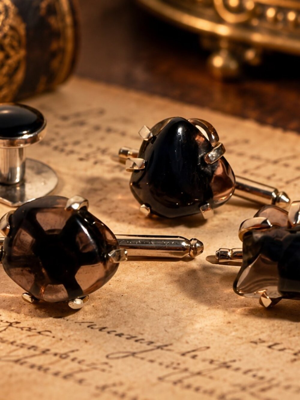 Vintage Smokey Quartz & Onyx Tuxedo Stud Cufflink Set Gold Tone